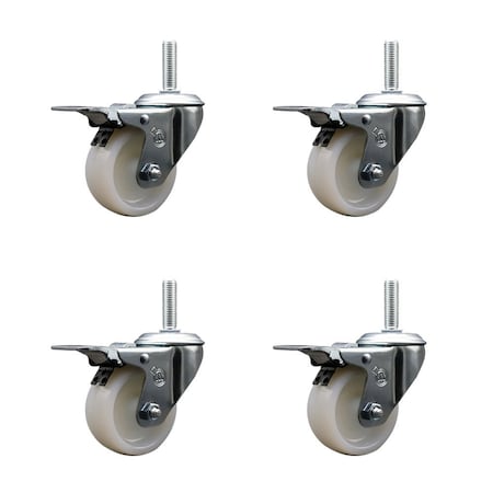 Service Caster 3 Inch Nylon Swivel 58 Inch Threaded Stem Caster Set with Total Lock Brake SCC-TSTTL20S314-NYS-58212-4